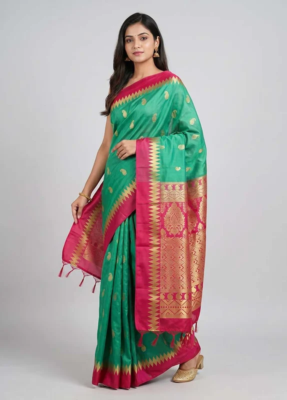 Green Kanjivaram Silk Saree With Blouse Piece One Size