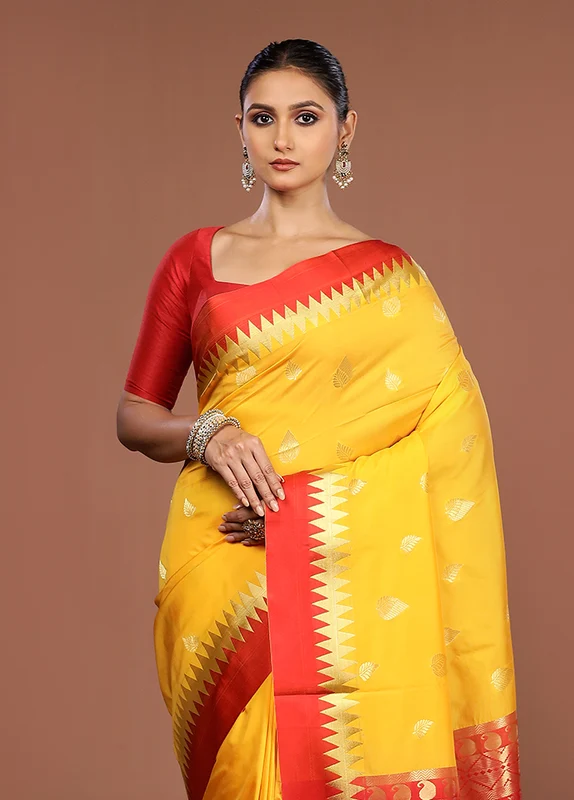 Yellow Kanjivaram Silk Saree With Blouse Piece One Size