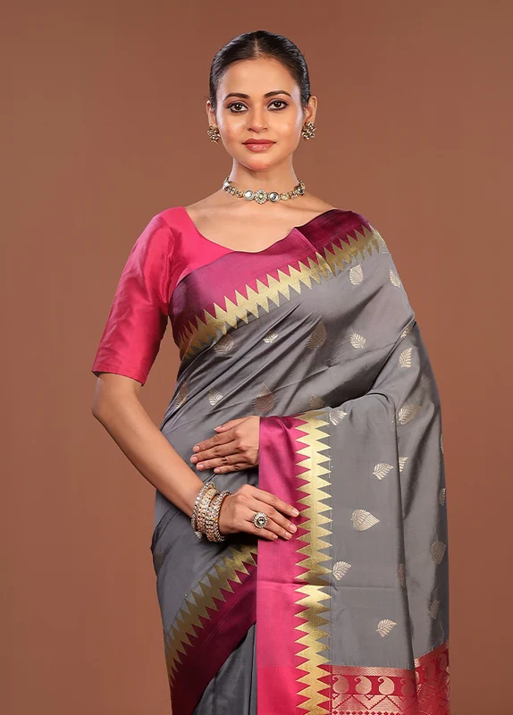 Grey Kanjivaram Silk Saree With Blouse Piece One Size