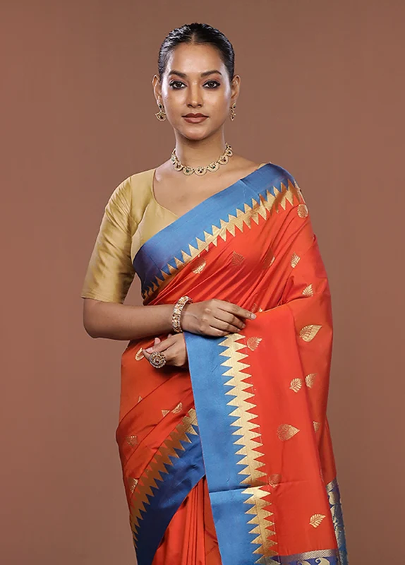 Rust Kanjivaram Silk Saree With Blouse Piece One Size