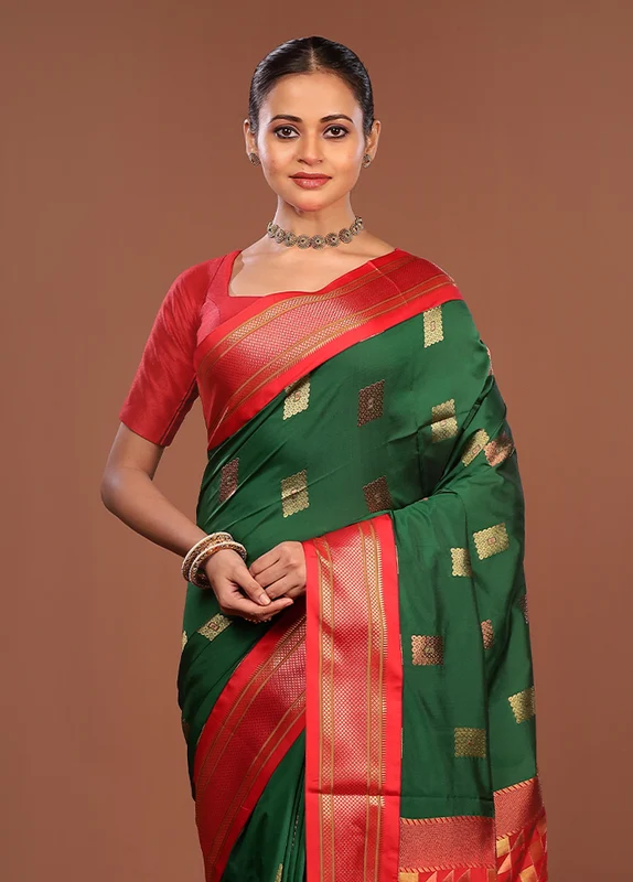 Green Kanjivaram Silk Saree With Blouse Piece One Size