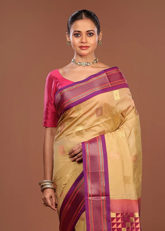 Cream Kanjivaram Silk Saree With Blouse Piece One Size