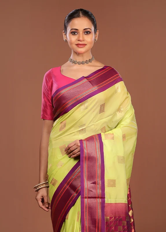 Green Kanjivaram Silk Saree With Blouse Piece One Size