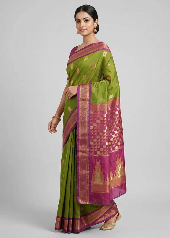Green Kanjivaram Silk Saree With Blouse Piece One Size