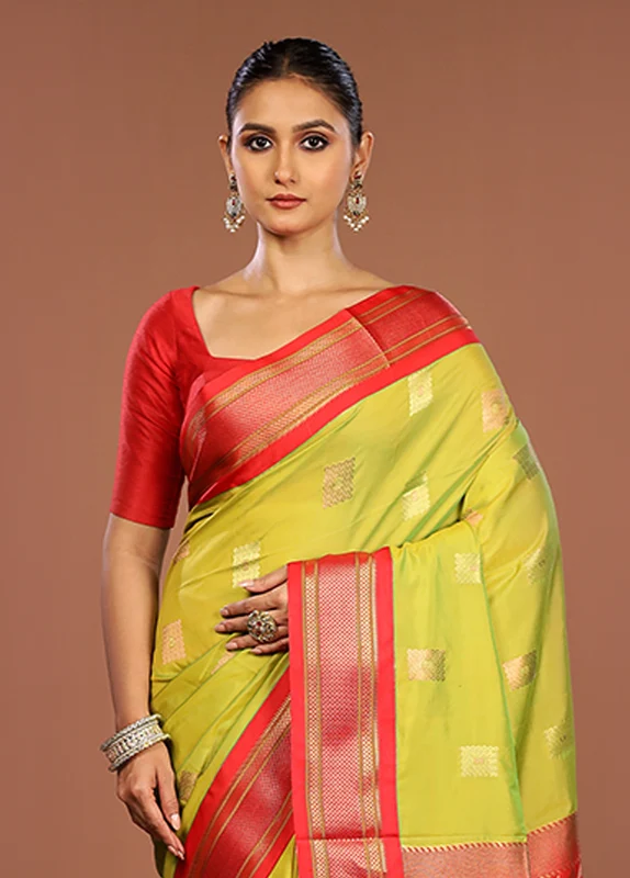 Green Kanjivaram Silk Saree With Blouse Piece One Size