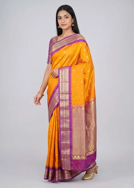 Orange Kanjivaram Silk Saree With Blouse Piece One Size