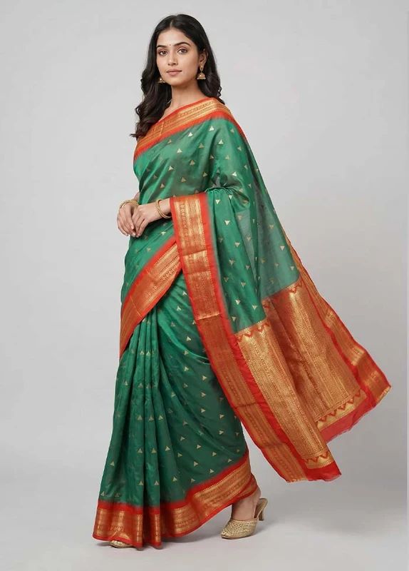 Green Kanjivaram Silk Saree With Blouse Piece One Size