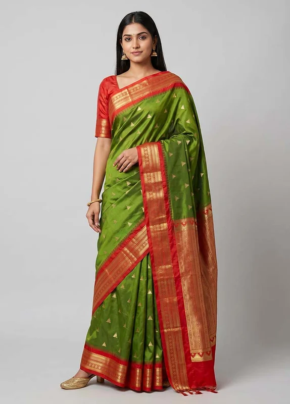 Green Kanjivaram Silk Saree With Blouse Piece One Size