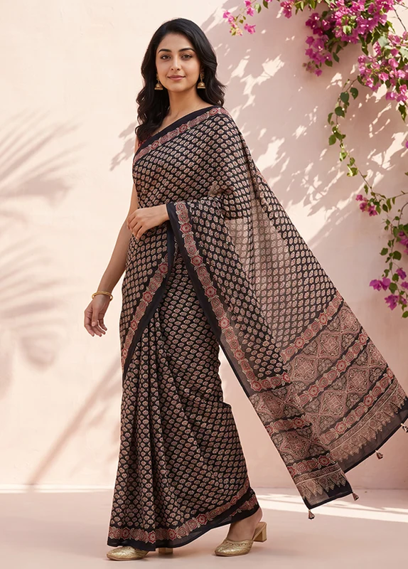 Blue Modal Silk Saree Without Blouse Piece One Size