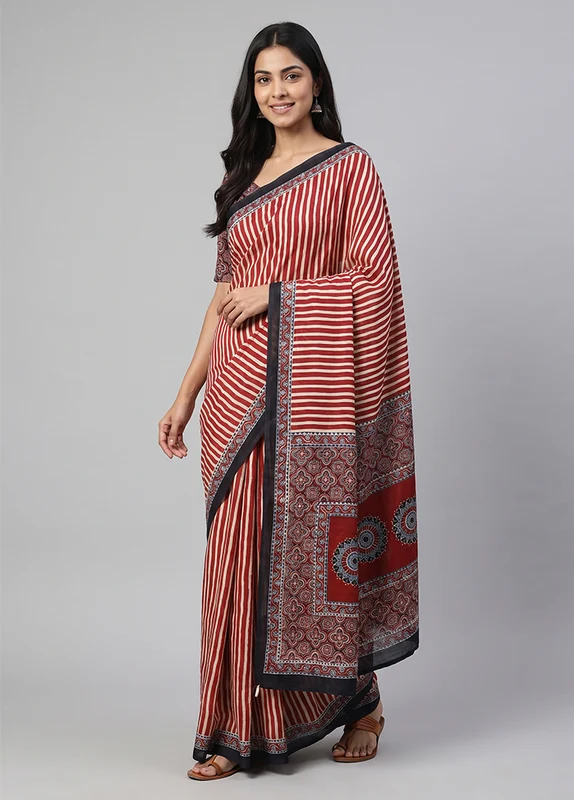 Red Modal Silk Saree Without Blouse Piece One Size