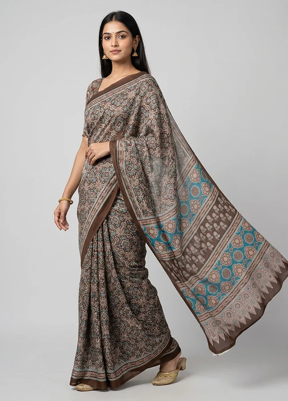 Brown Modal Silk Saree Without Blouse Piece One Size