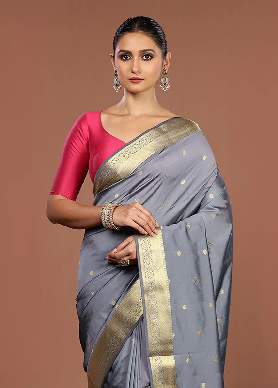 Grey Kanjivaram Silk Saree With Blouse Piece One Size