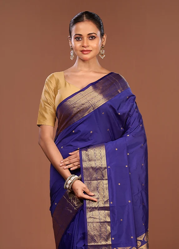 Blue Kanjivaram Silk Saree With Blouse Piece One Size