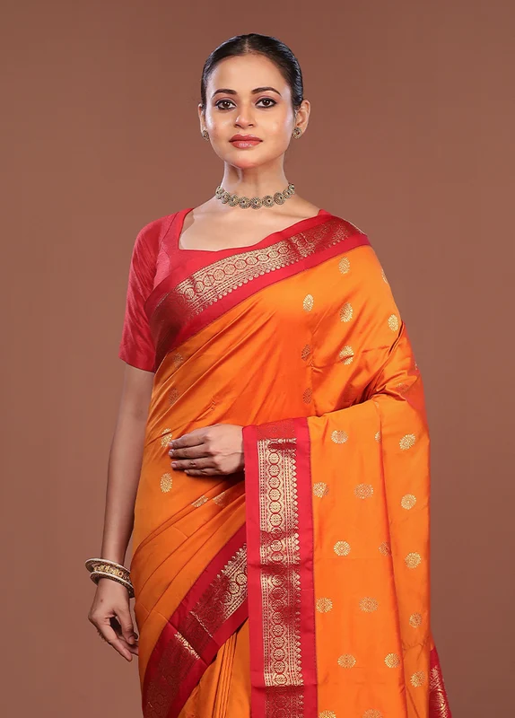 Orange Kanjivaram Silk Saree With Blouse Piece One Size