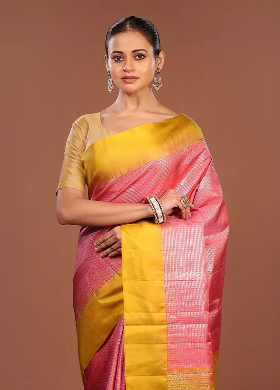 Pink Handloom Kanchipuram Pure Silk Saree With Blouse Piece One Size