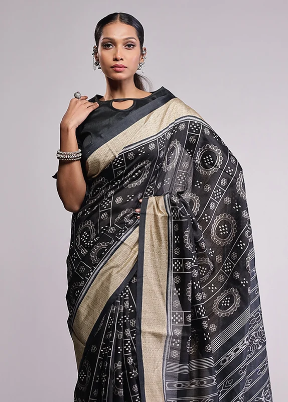 Black Dupion Silk Saree With Blouse Piece One Size