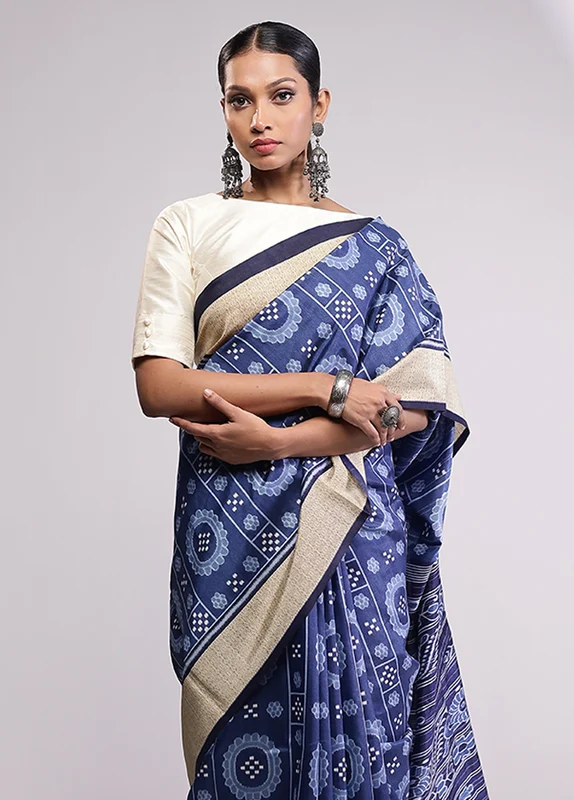 Blue Dupion Silk Saree With Blouse Piece One Size