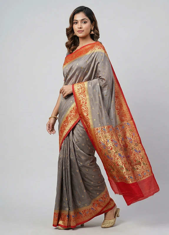 Grey Kanjivaram Silk Saree With Blouse Piece One Size