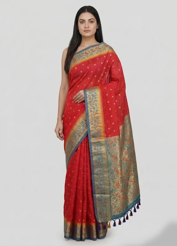 Pink Kanjivaram Silk Saree With Blouse Piece One Size