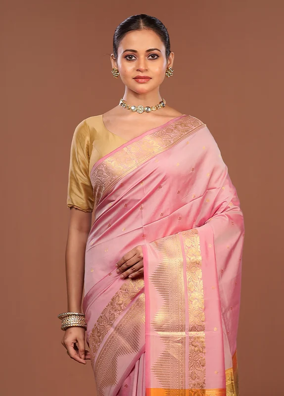 Pink Kanjivaram Silk Saree With Blouse Piece One Size
