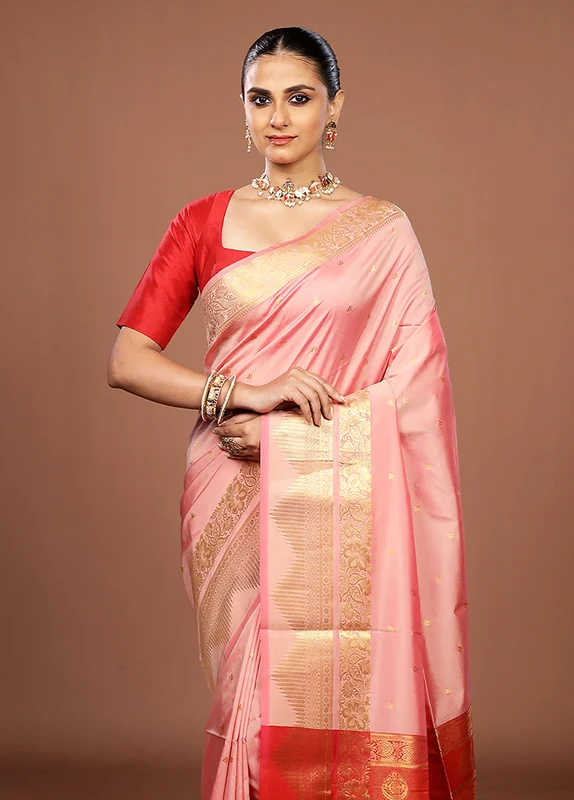 Pink Kanjivaram Silk Saree With Blouse Piece One Size