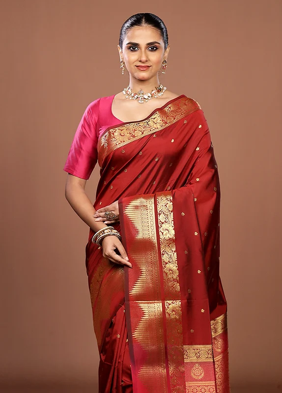 Maroon Kanjivaram Silk Saree With Blouse Piece One Size