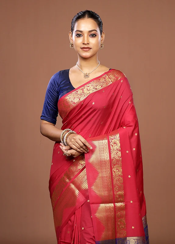 Pink Kanjivaram Silk Saree With Blouse Piece One Size