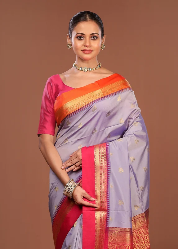 Purple Kanjivaram Silk Saree With Blouse Piece One Size