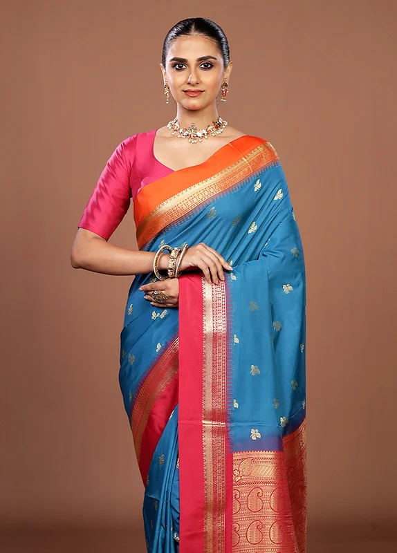 Blue Kanjivaram Silk Saree With Blouse Piece One Size