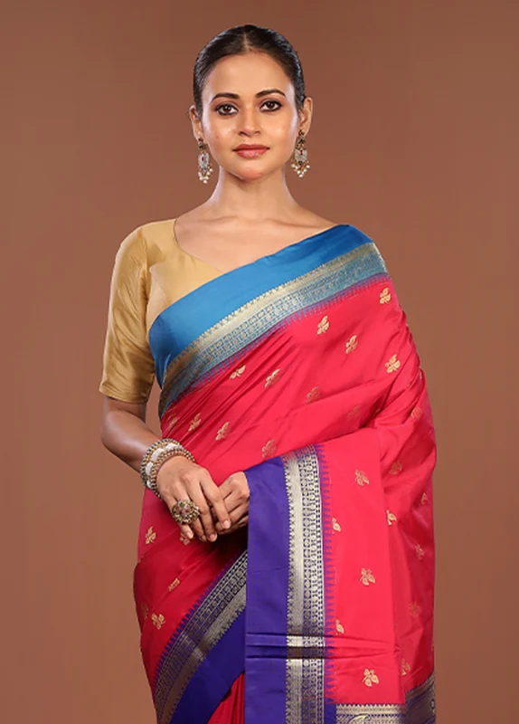 Pink Kanjivaram Silk Saree With Blouse Piece One Size