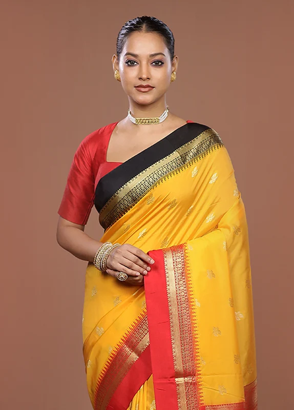 Yellow Kanjivaram Silk Saree With Blouse Piece One Size