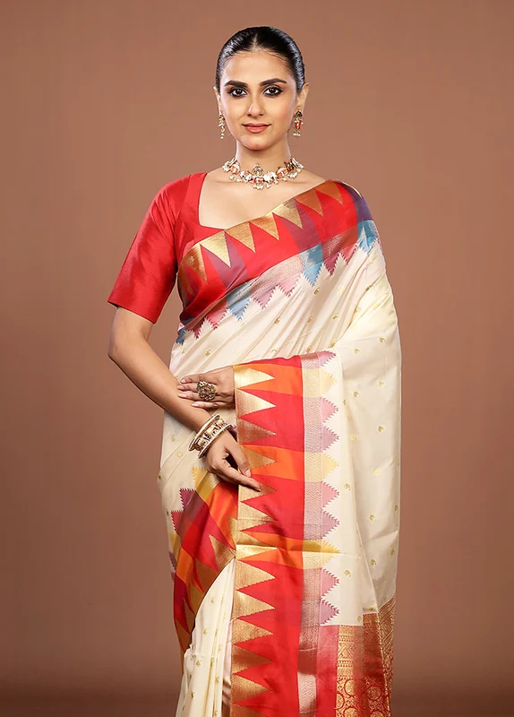Cream Kanjivaram Silk Saree With Blouse Piece One Size