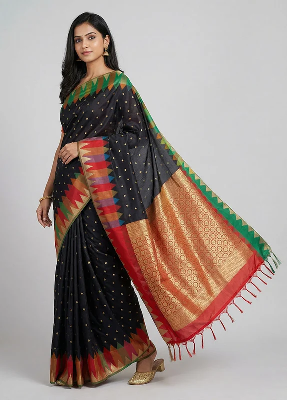 Black Kanjivaram Silk Saree With Blouse Piece One Size