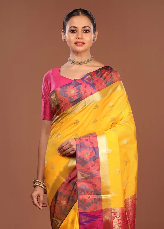 Yellow Kanjivaram Silk Saree With Blouse Piece One Size