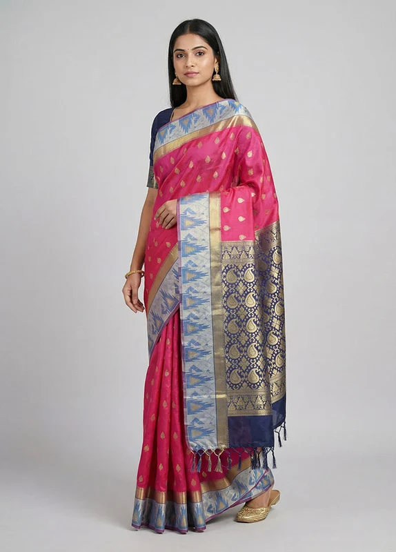 Pink Kanjivaram Silk Saree With Blouse Piece One Size