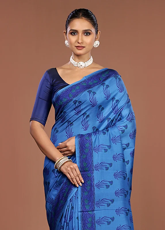 Blue Printed Pure Silk Saree Without Blouse Piece One Size