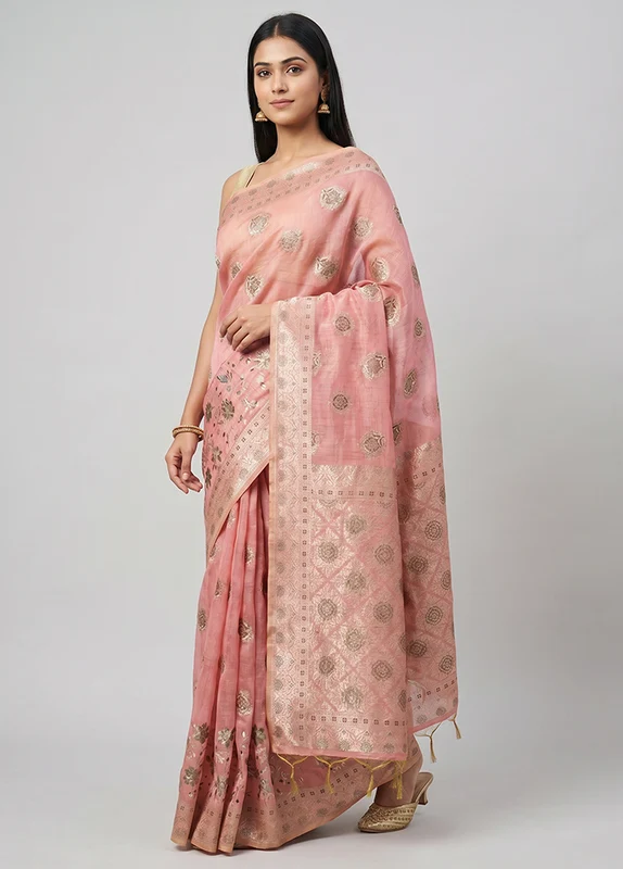 Pink Dupion Silk Saree With Blouse Piece One Size