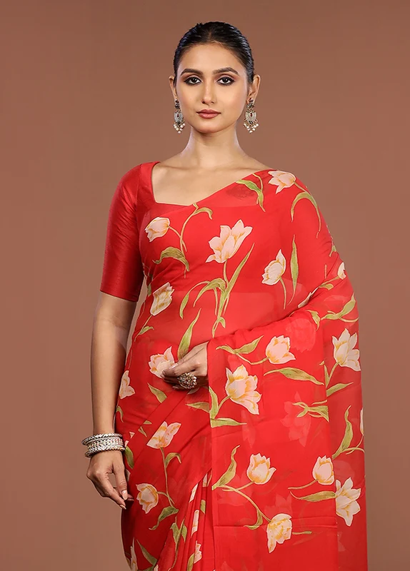 Red Handloom Chiffon Pure Silk Saree With Blouse Piece One Size