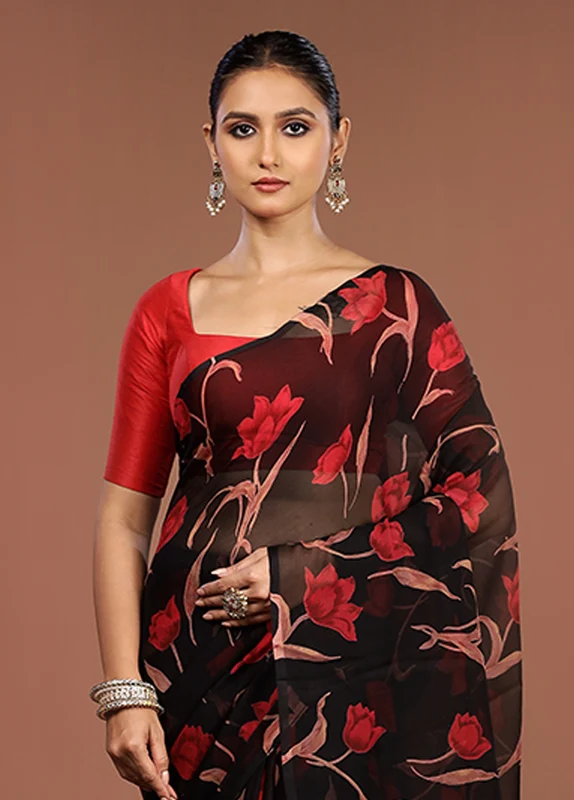 Black Handloom Chiffon Pure Silk Saree With Blouse Piece One Size