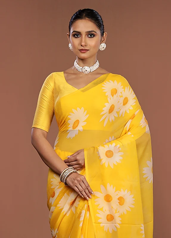 Yellow Handloom Chiffon Pure Silk Saree With Blouse Piece One Size