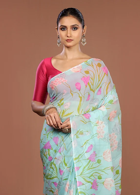 Blue Handloom Chiffon Pure Silk Saree With Blouse Piece One Size