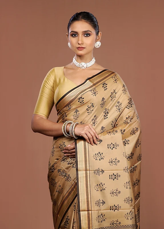 Cream Printed Pure Silk Saree Without Blouse Piece One Size