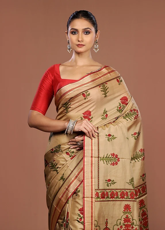 Cream Printed Pure Silk Saree Without Blouse Piece One Size