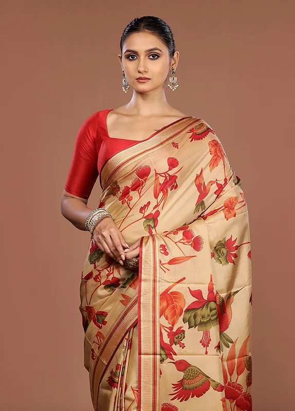 Cream Printed Pure Silk Saree Without Blouse Piece One Size