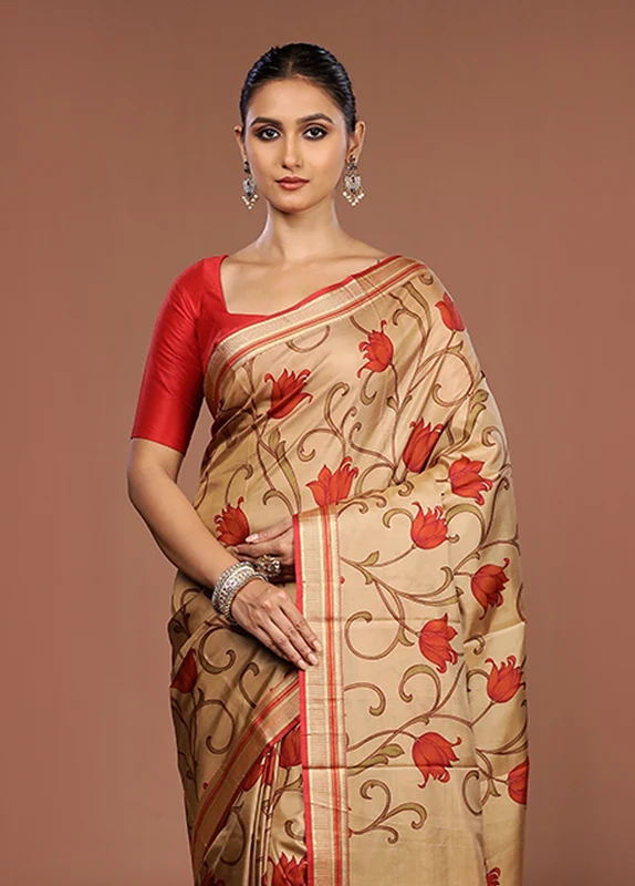 Cream Printed Pure Silk Saree Without Blouse Piece One Size