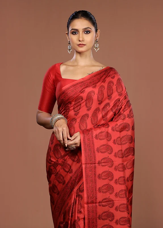 Red Printed Pure Silk Saree Without Blouse Piece One Size