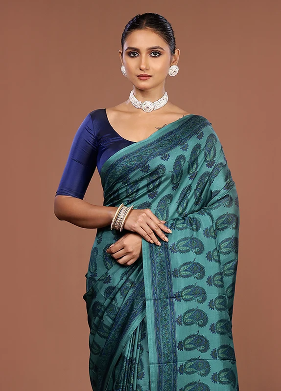 Green Printed Pure Silk Saree Without Blouse Piece One Size