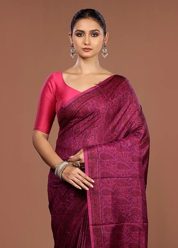 Purple Printed Pure Silk Saree Without Blouse Piece One Size
