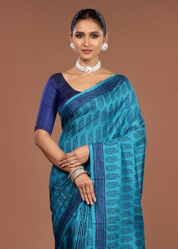 Blue Printed Pure Silk Saree Without Blouse Piece One Size