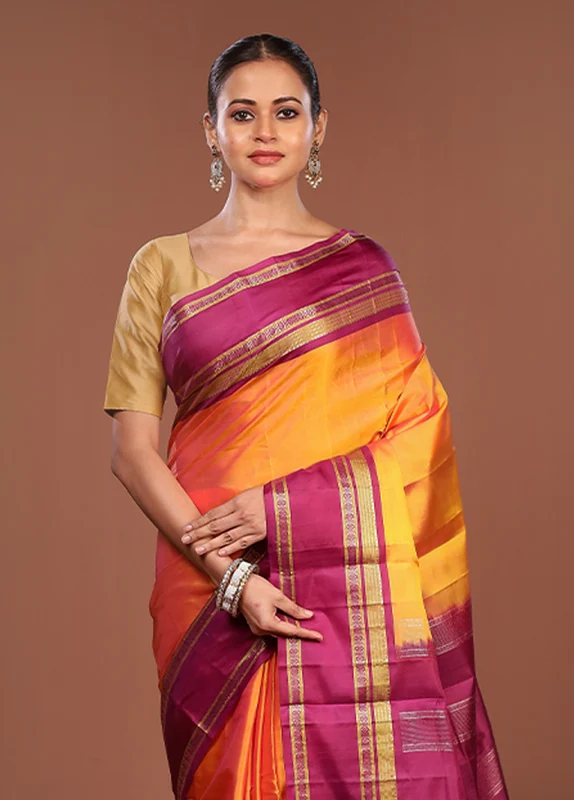 Yellow Handloom Kanjivaram Pure Silk Saree With Blouse Piece One Size